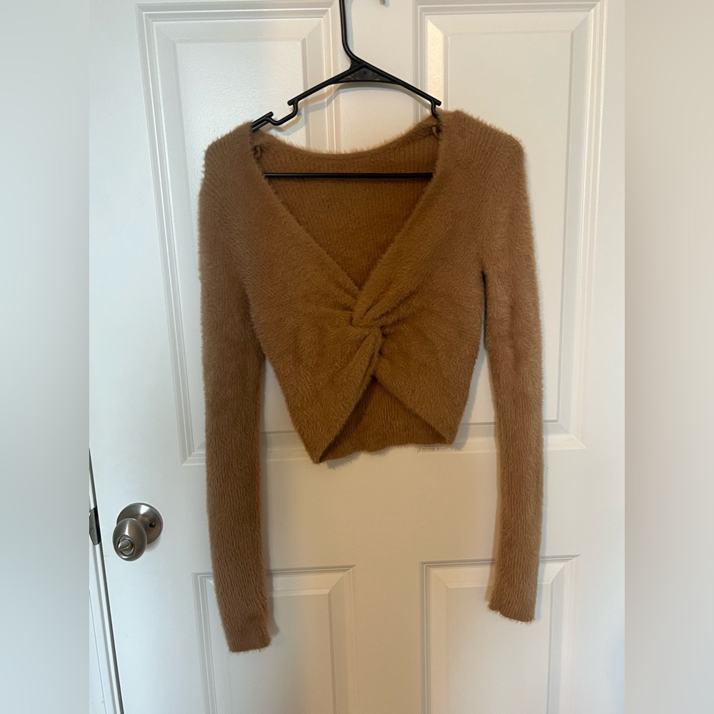 Tan Fuzzy Knotted Cardigan